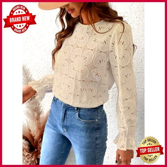 Eyelet Lace Embroidered Blouse Boho Chic Long Sleeve Loose Fit Dressy Top - Picture 5 of 7